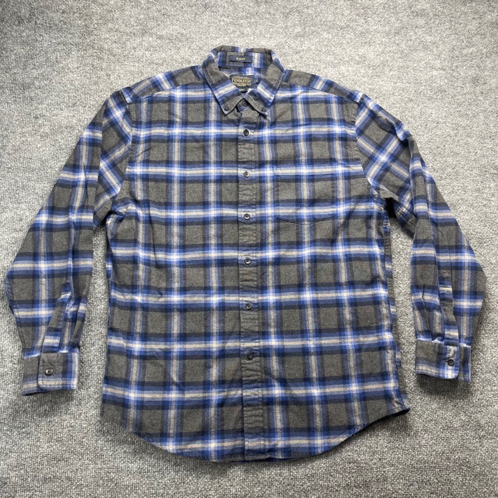 Pendleton Mason Blue Grey Plaid Flannel Button Down Shirt Mens Large L